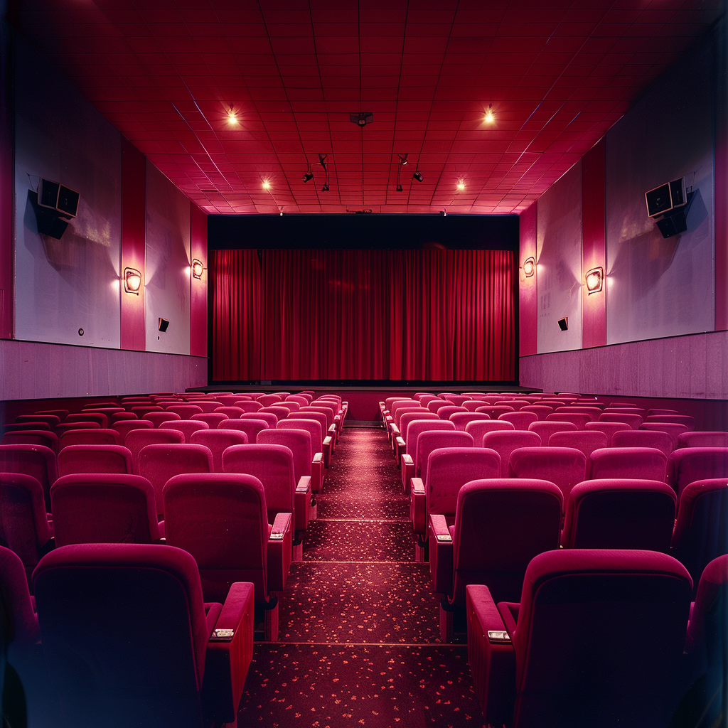 An image of a small film screening room, with red chairs on either side of a red-carpeted aisle and a screen at the front of the room, draped in red curtains.