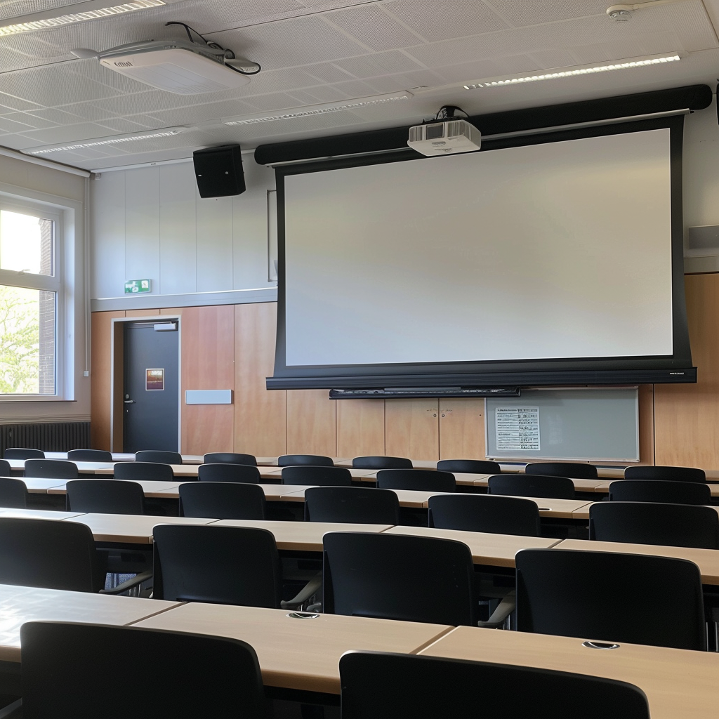 A photograph of a university classroom, with black chairs facing a projection screen. 